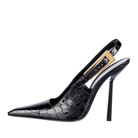 Saint Laurent Black Croc Slingback Stiletto Heels - Picture 1 of 14